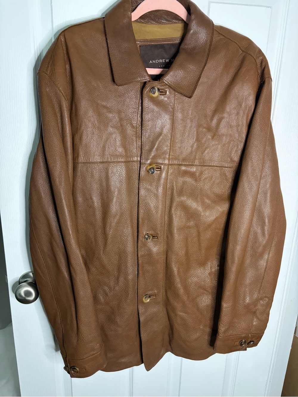 Vintage Andrew Marc NY Men's Brown Leather Car Coat Jacket Large 90s Y2K Heavy